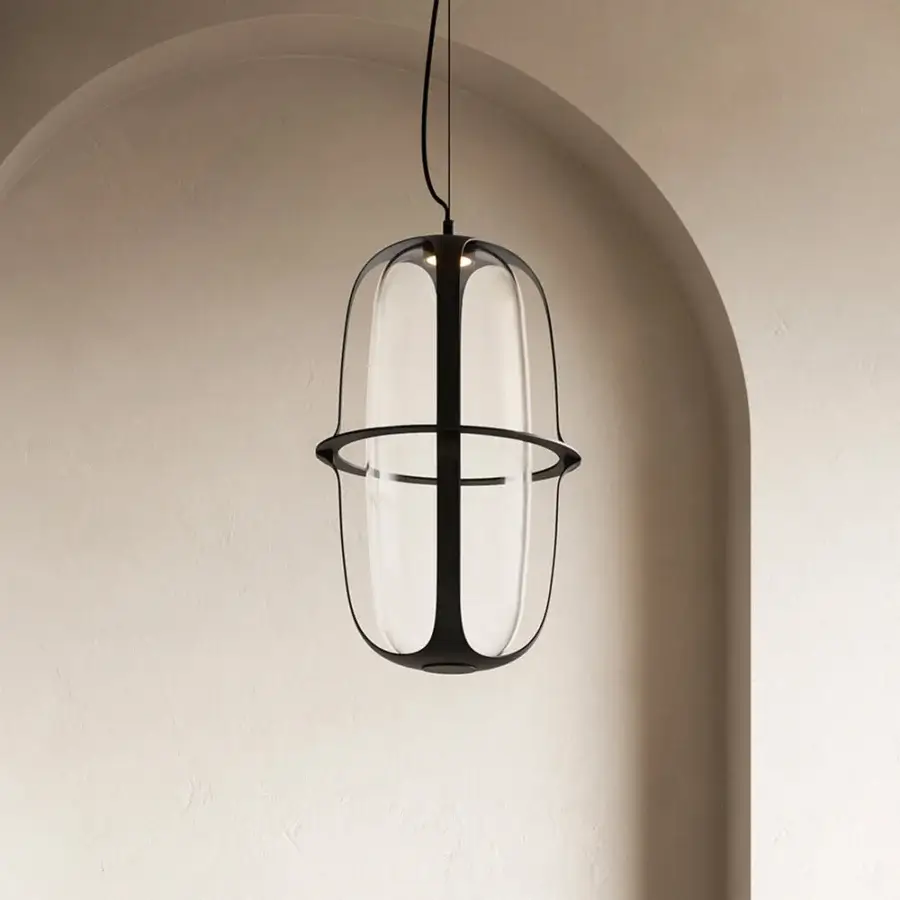 Elegant Kundalini Kooi suspension lamp with transparent glass encased in matte die-casted aluminum, inspired by Shan shui painting