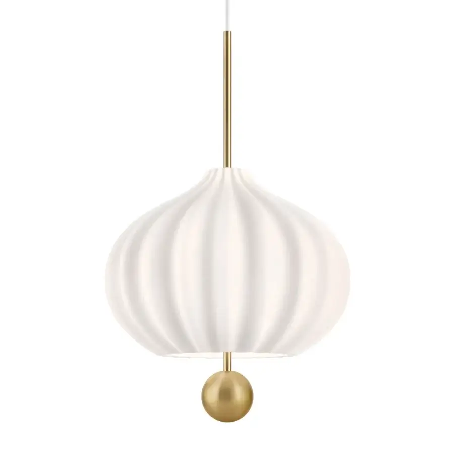 Superior Kundalini Lilli suspension lamp with white opal glass diffuser and satin brass structure