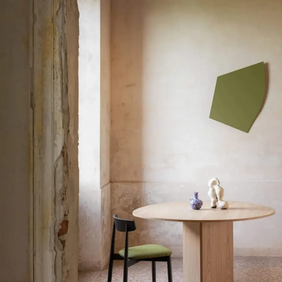 Harmonious Miniforms Albio table crafted in wood with light tones and sleek cylindrical base presents a contemporary matte finish