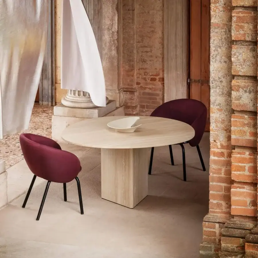 Exceptional Miniforms Albio table crafted in Travertine marble with a light beige stone-like material and matte finish