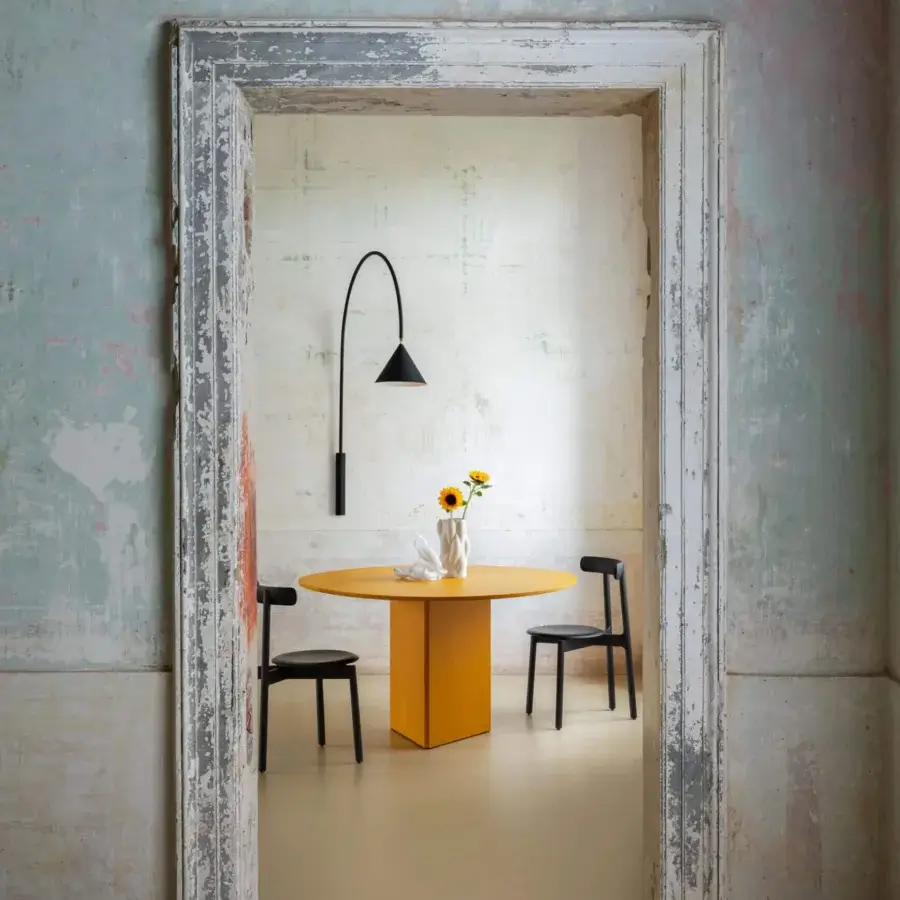 Exceptional Miniforms Albio table crafted in Italy with a lacquered yellow finish and geometric pedestal base