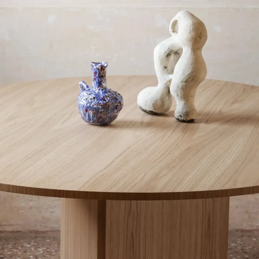 Harmonious Miniforms Albio table with a sleek triangular base and light natural wood grain finish crafted in Italy