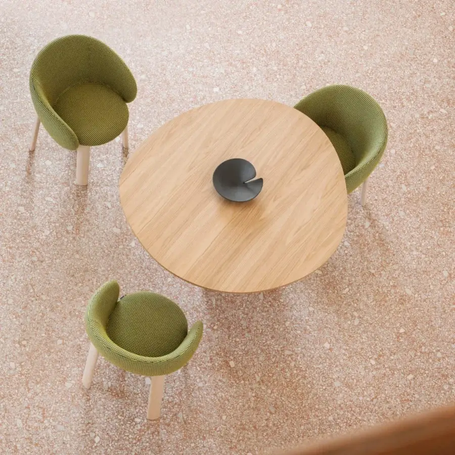 Superior Miniforms Albio table with organic rounded form and sleek triangular base crafted in light natural wood