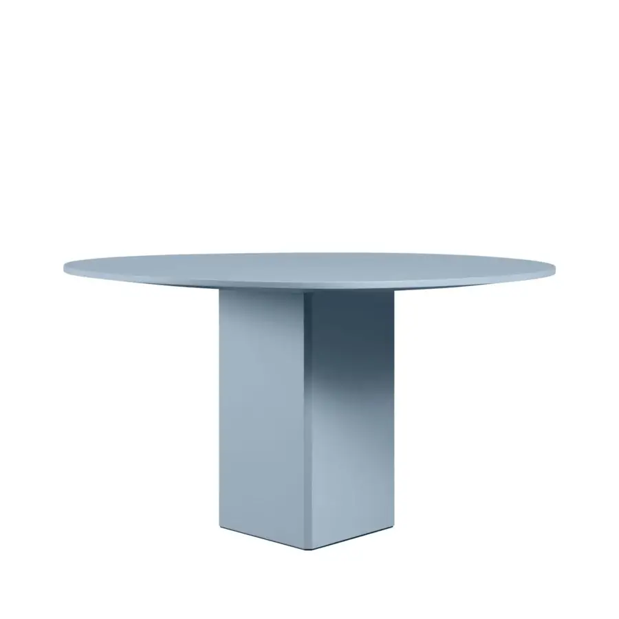 Distinguished Miniforms Albio table with a sleek faceted base and rounded top in light blue with a smooth matte finish