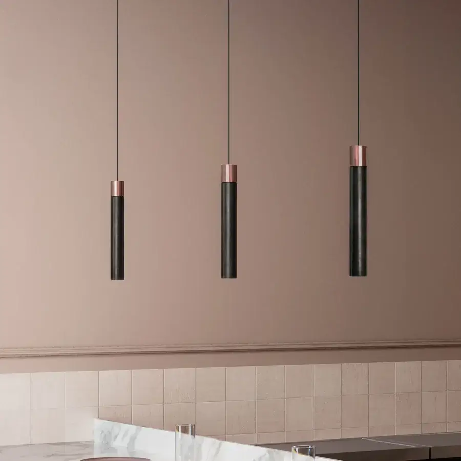Distinguished Kundalini Minimal suspension lamp with handcrafted pottery in polished black and copper-toned metal structure