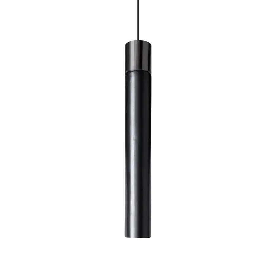 Elegant Kundalini Minimal suspension lamp with a dark gray cylindrical body crafted from polished Barro Negro pottery and premium metal