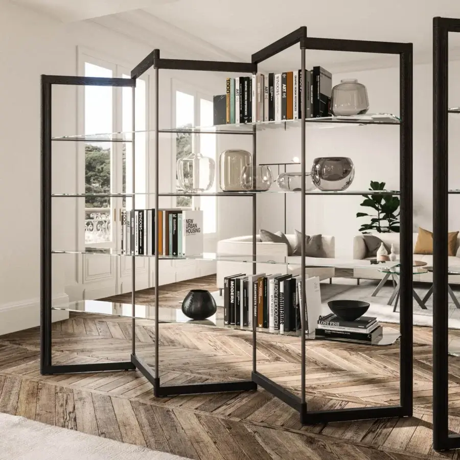 Exceptional Ozzio Italia Panto bookcase with geometric silhouette and transparent glass shelves in a dark-toned matte wooden framework