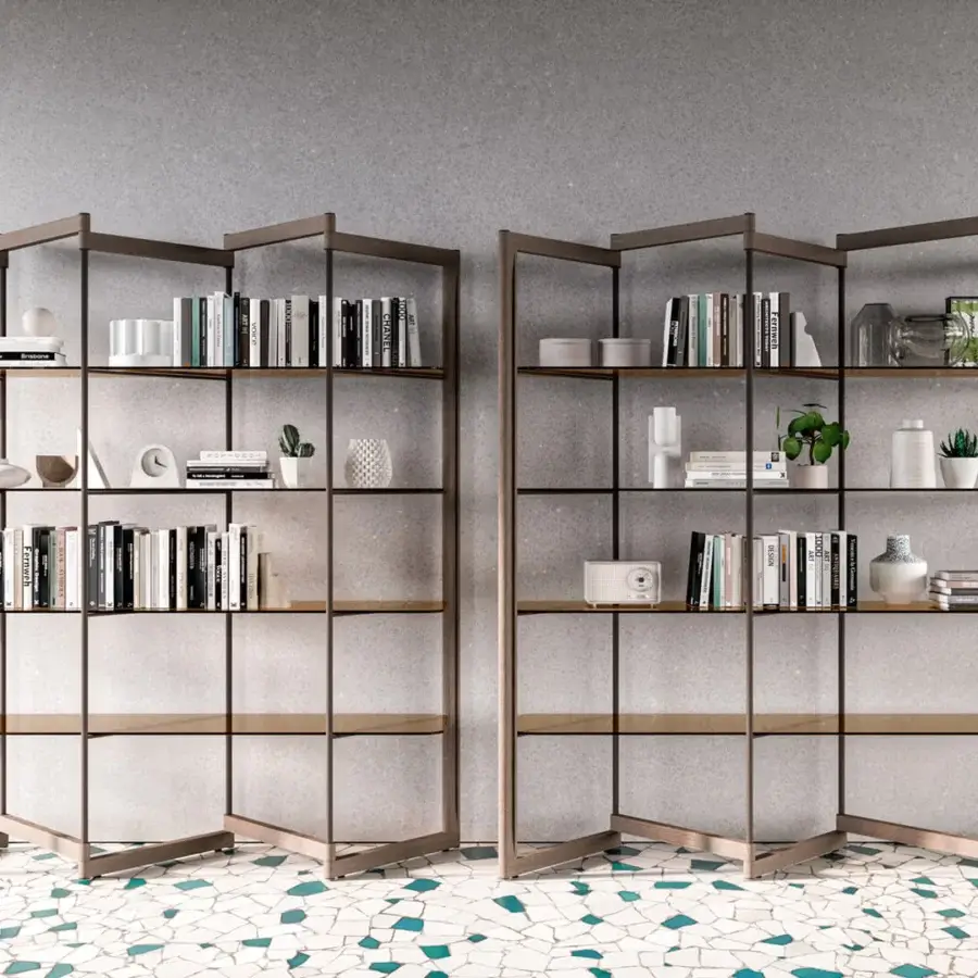 Distinguished Ozzio Italia Panto bookcase with bronze finish and warm-toned wooden shelves in a dynamic geometric arrangement