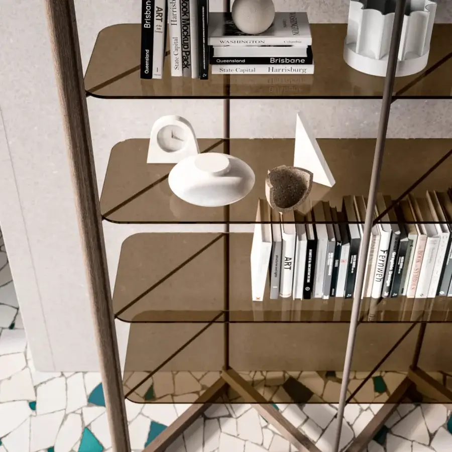 Superior Ozzio Italia Panto bookcase with light brown wooden supports and amber-toned glass shelves