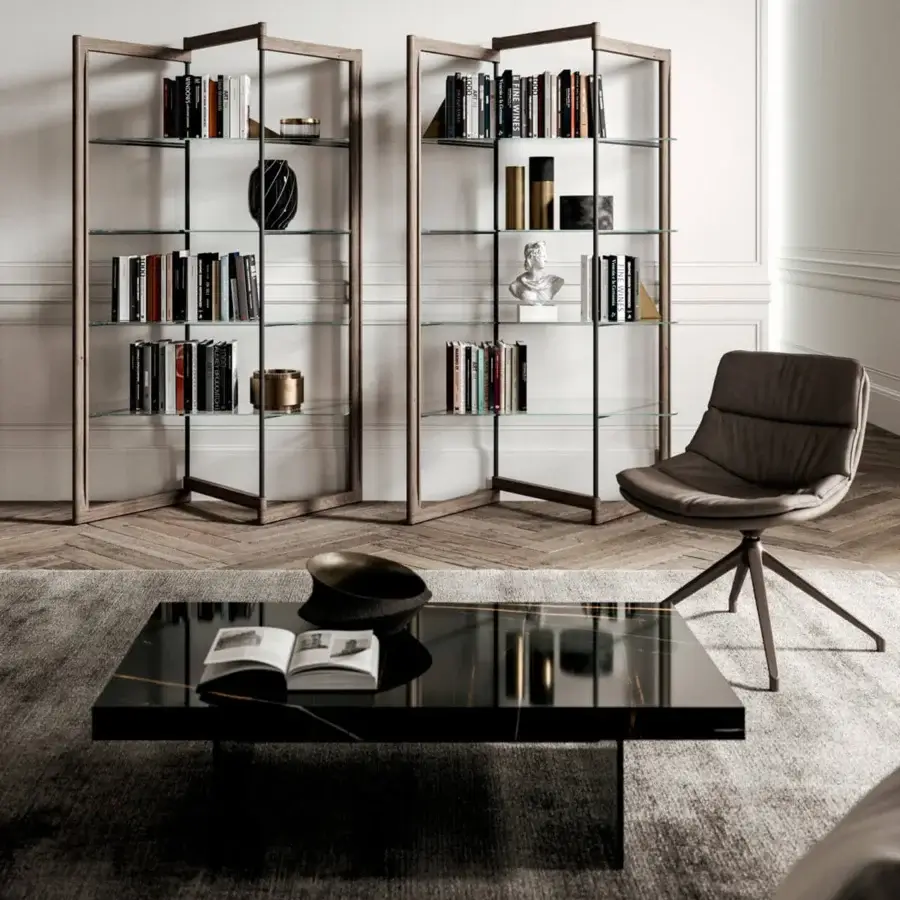 Innovative Ozzio Italia Panto bookcase with a pantograph design built in wood, glass and dark metal