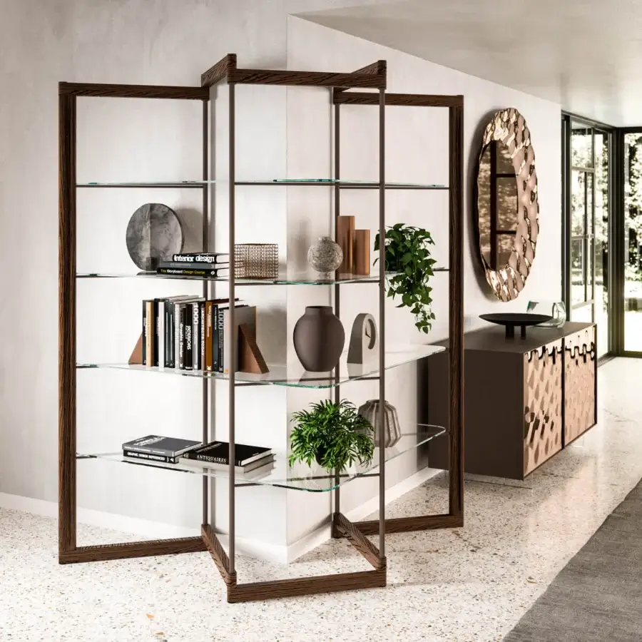 Exceptional Ozzio Italia Panto bookcase with clear glass shelves supported in a dark brown wooden frame