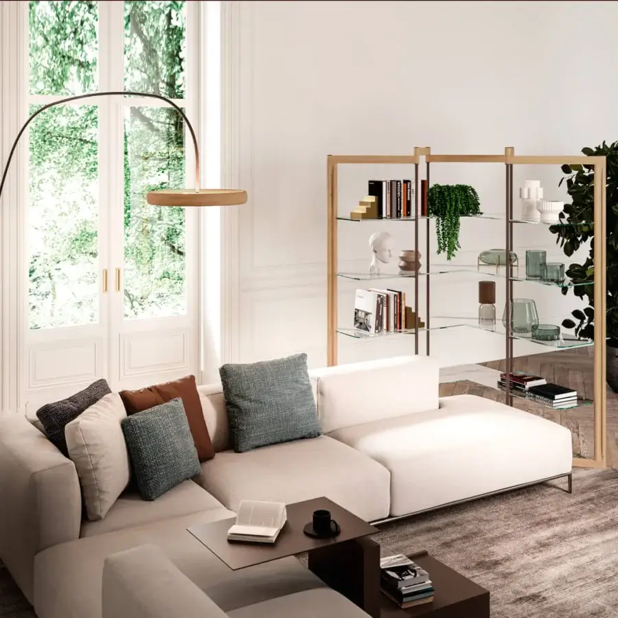 Superior Ozzio Italia Astrum floor lamp with a light wood finish and transparent glass shelves built for homogeneous light diffusion