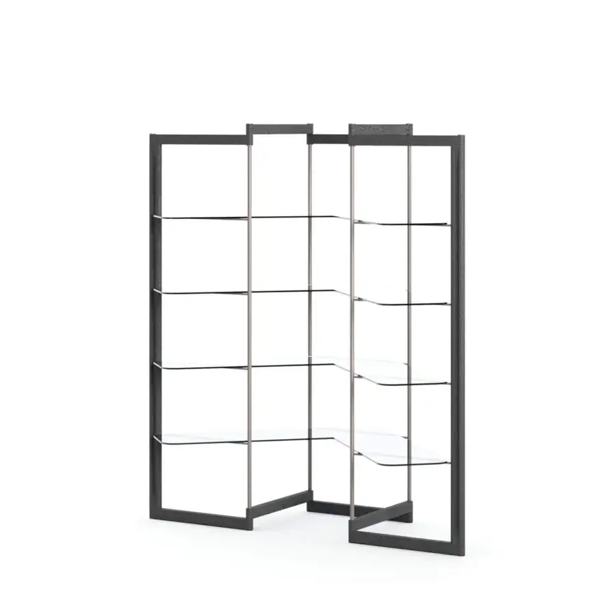 Captivating Ozzio Italia Panto bookcase with a dark wood frame and clear glass shelves supported by light metal rods