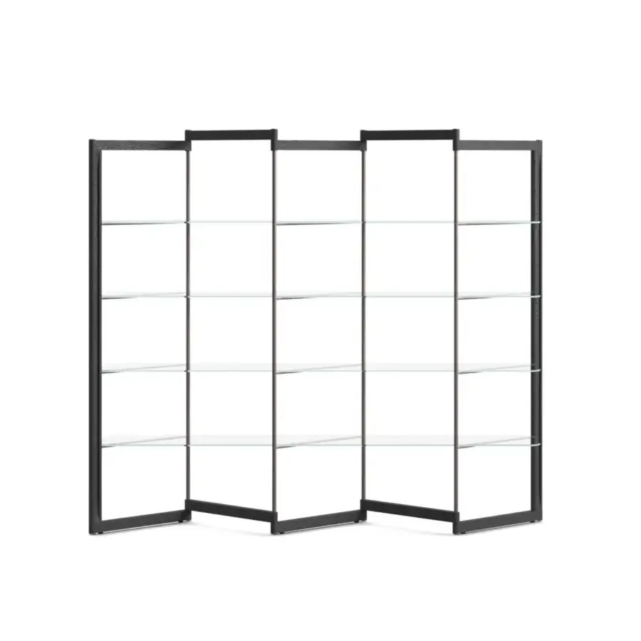 Distinguished Ozzio Italia Panto bookcase with a dark matte wood frame and transparent glass shelves embodies a modern minimalist design