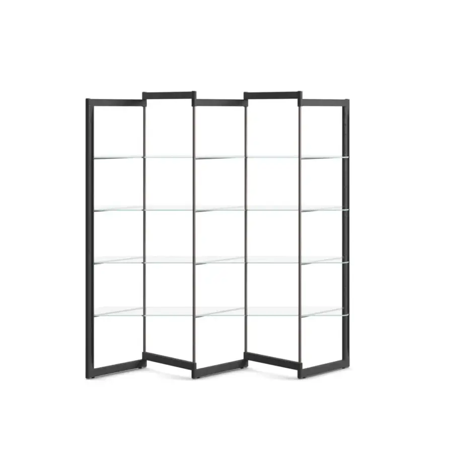Exclusive Ozzio Italia Panto bookcase with interconnected glass shelves and a dark matte metal frame