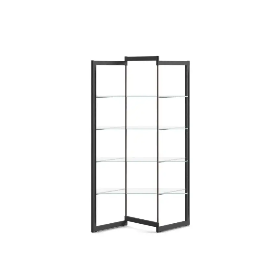 Elegant Ozzio Italia Panto bookcase with varying glass shelves supported by a slender matte dark-toned metal frame