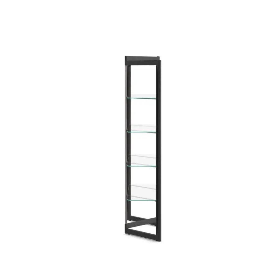 Exceptional Ozzio Italia Panto bookcase with expanding pantograph design and clear glass shelves within a dark-toned frame