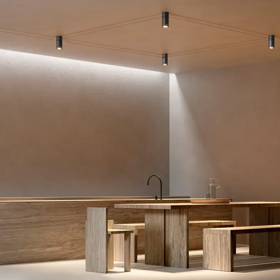 Avant-garde Kundalini Mitos ceiling lamp with adjustable spotlights and a metallic coated structure built with a dark wire network