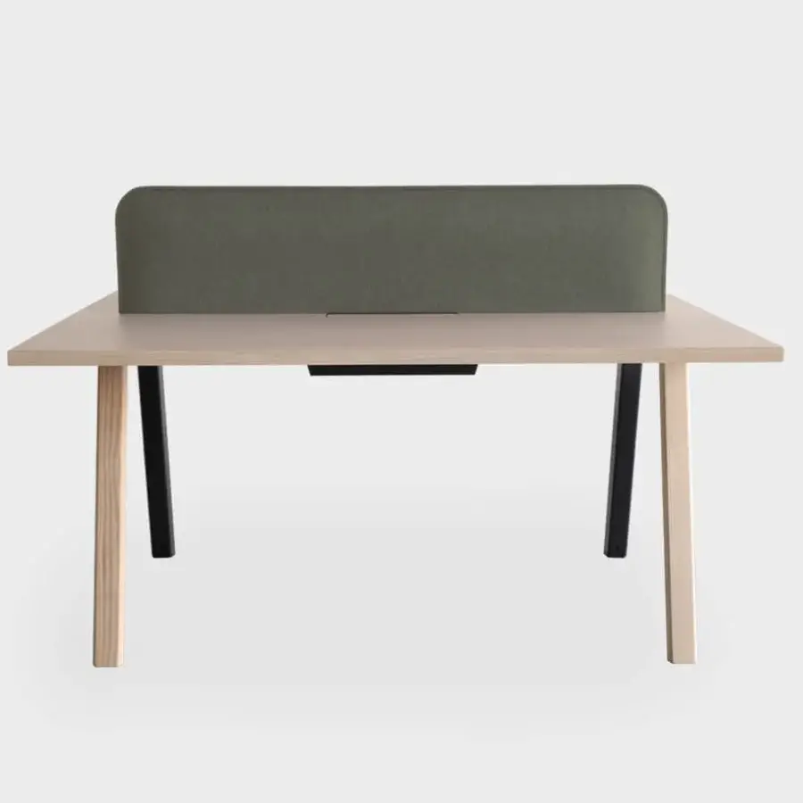 Distinguished Lapalma Ori workstation with light wood, metal legs, solid ash, plus a muted green sound-absorbing fabric partition and powder-coated tray