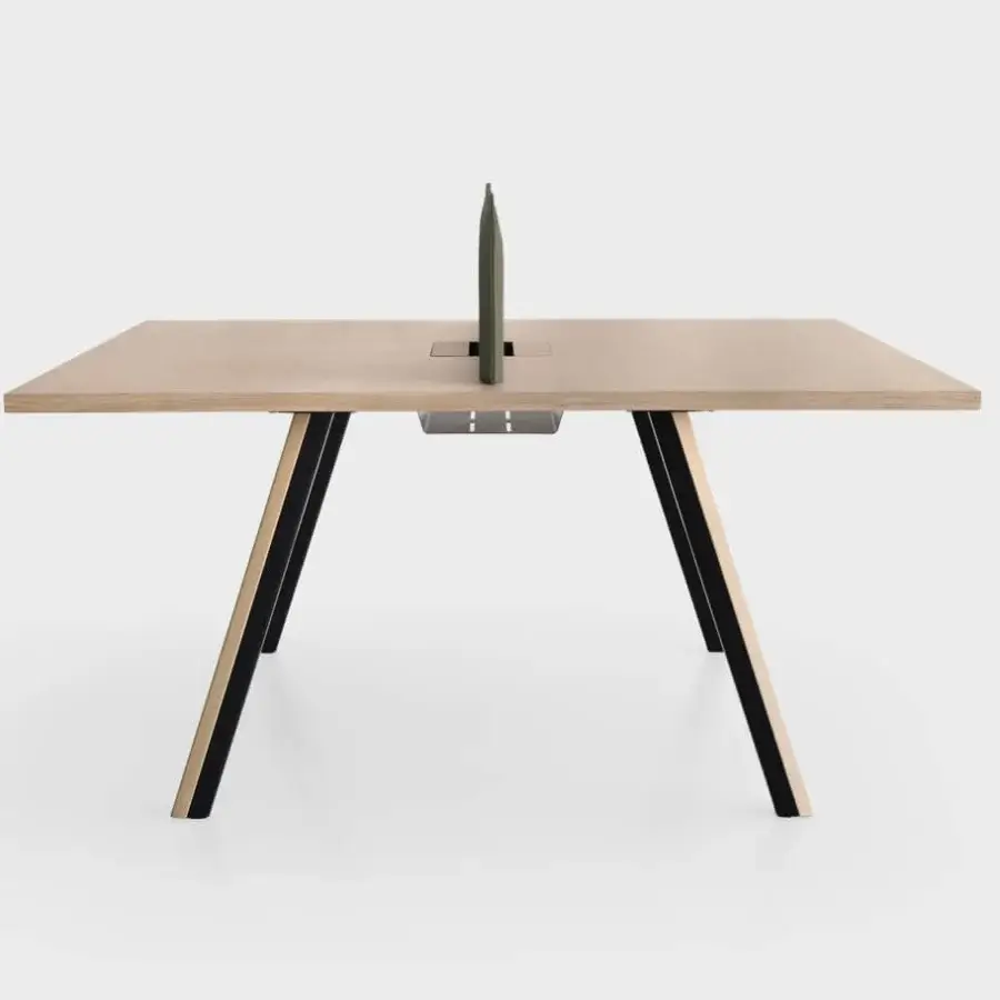 Innovative Lapalma Ori workstation with a wood top, sound-absorbing fabric, plus powder-coated metal and ash legs crafted in Italy