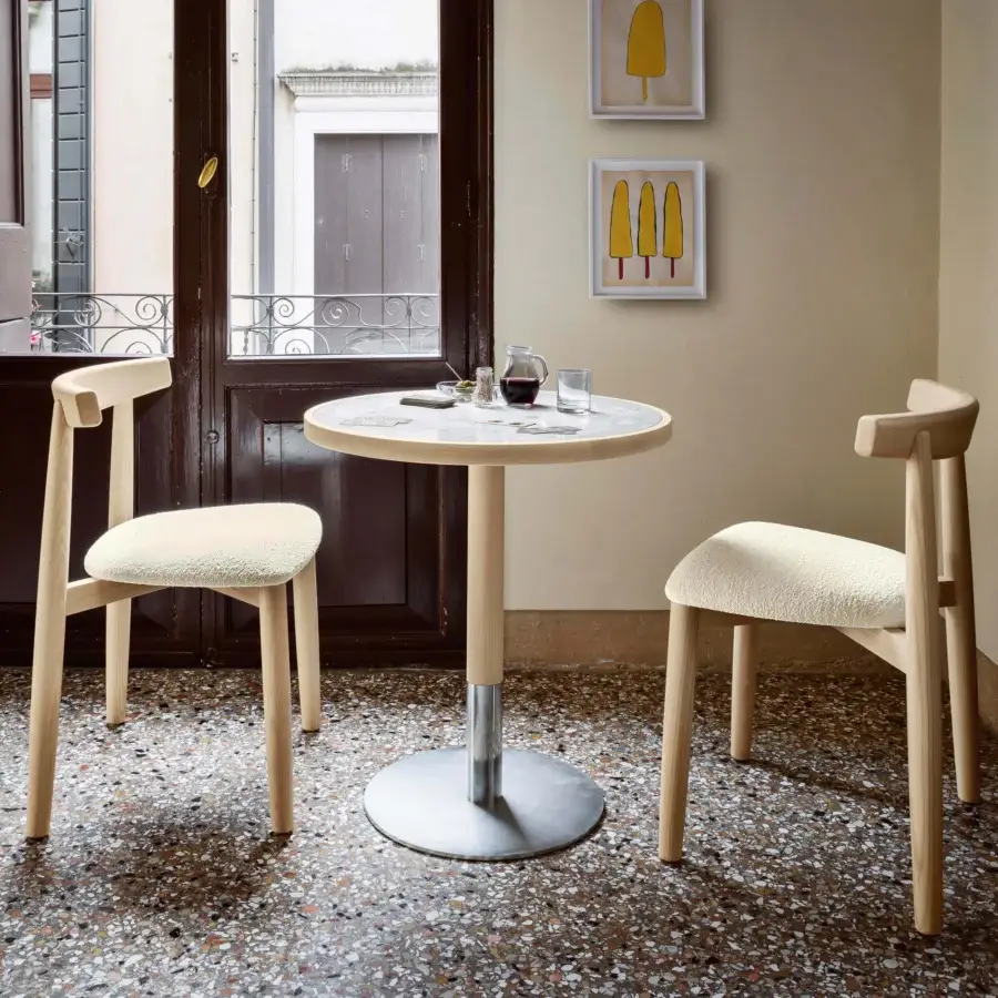 Superior Miniforms Briscola Bistrot table with marbled top and ash wood crafted with a cylindrical column base