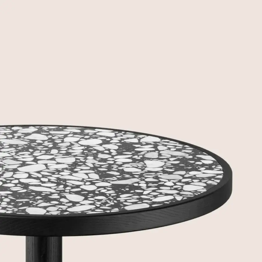 Elegant Miniforms Briscola Bistrot table with terrazzo-like top and black ash-wood tray built with a black metal base