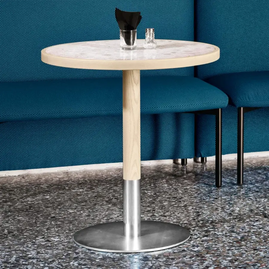 Distinguished Miniforms Briscola Bistrot table with marble-patterned top and natural ash-wood tray in a black metal base with satin finish