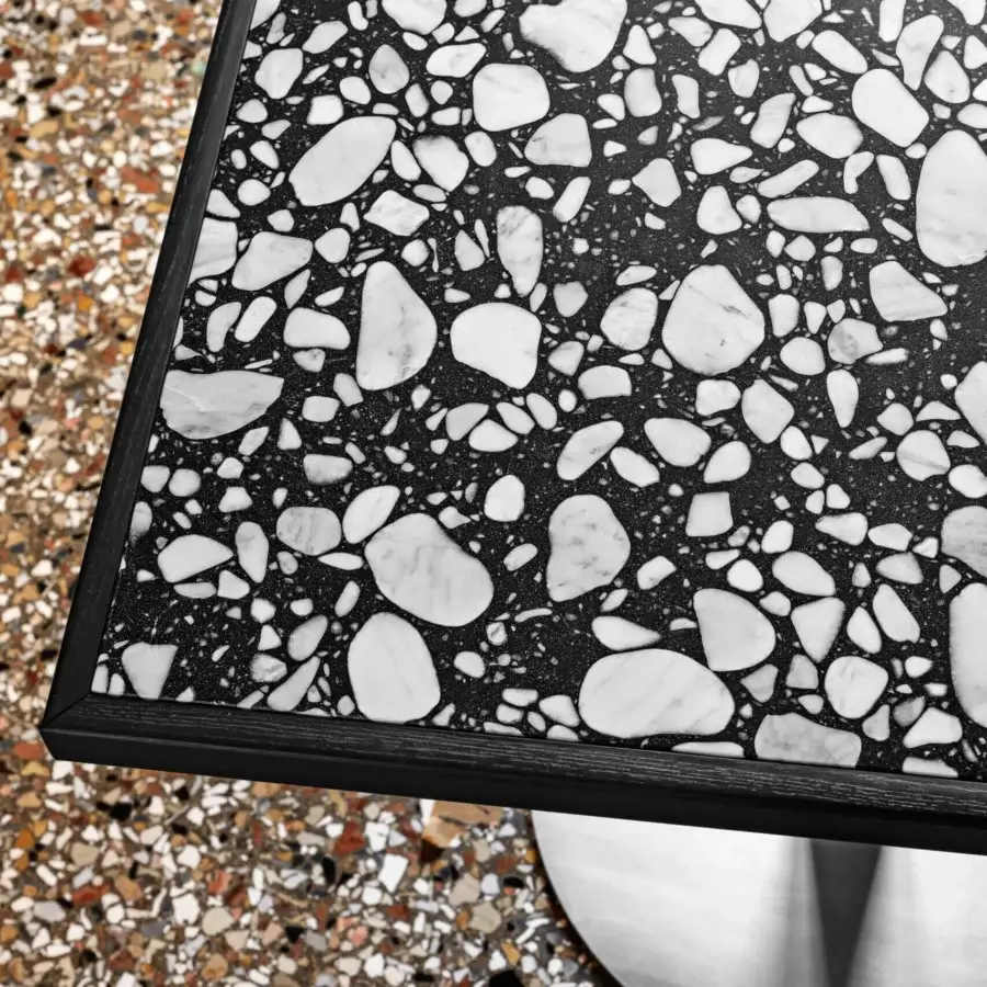 Exclusive Miniforms Briscola Bistrot table with terrazzo top in dark ash wood and brushed metal base