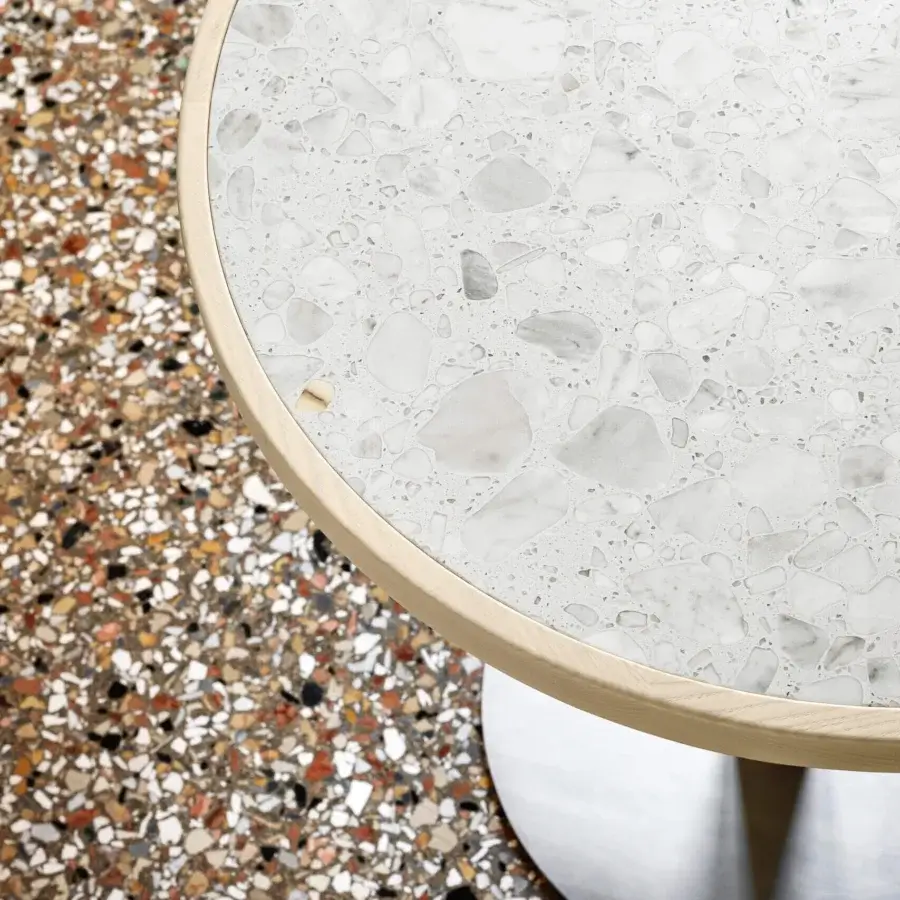 Elegant Miniforms Briscola Bistrot table with speckled tabletop in light ash wood and matte neutral metal base