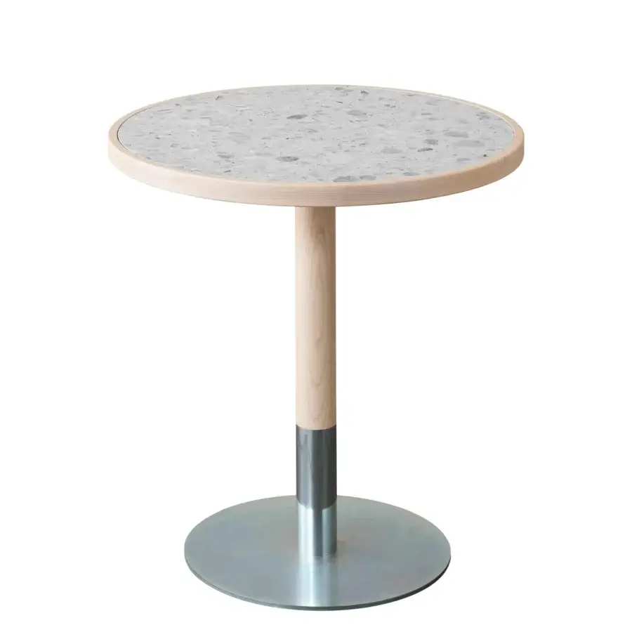 Distinguished Miniforms Briscola Bistrot table with terrazzo-patterned top in smooth ash wood and satin sheen metal base