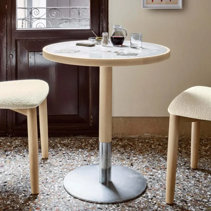 Superior Miniforms Briscola Bistrot table with marbled surface in warm ash wood and brushed metal base