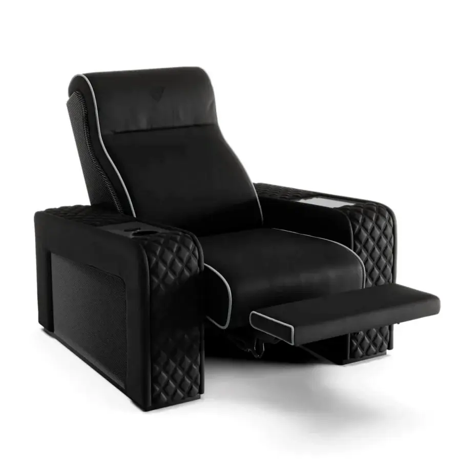 Sophisticated Vismara Luxor Tech home cinema seating in black synthetic leather with quilted detailing and matte lacquered wood armrests