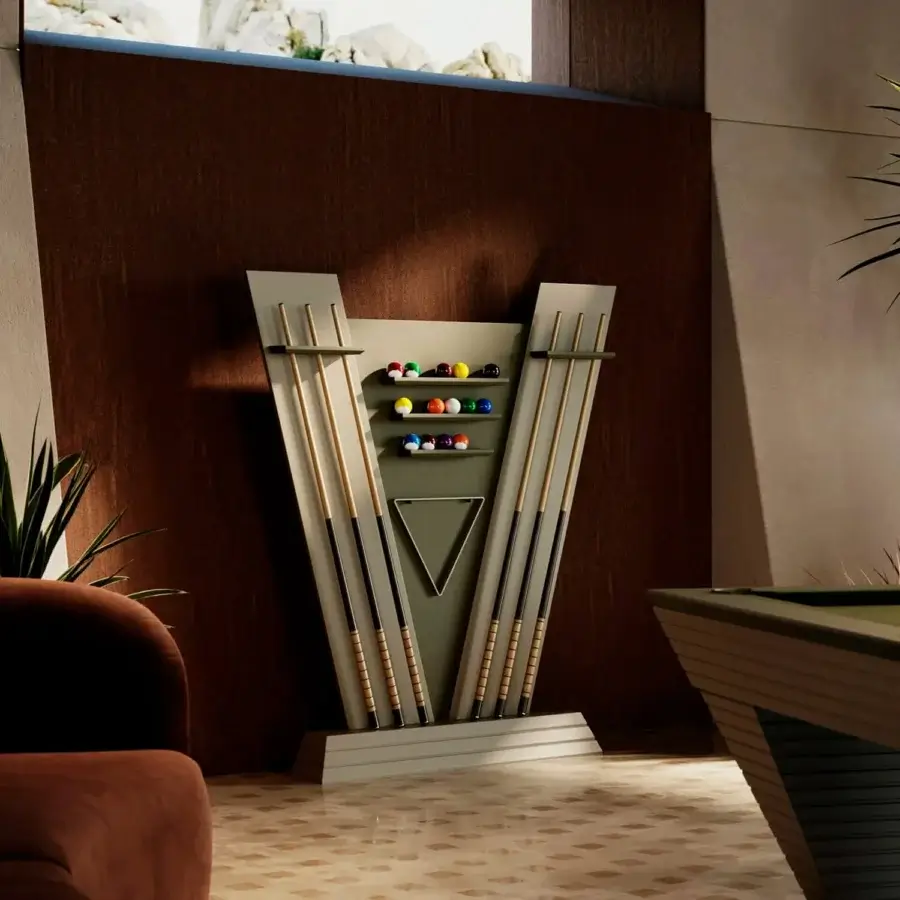 Elegant Vismara New Desire pool cue rack in light gray wood with olive-green accents and matte finish