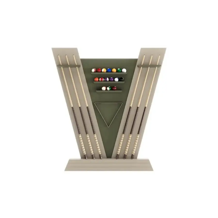 Superior Vismara New Desire pool cue rack in muted green wood with beige panels and a lacquered triangle