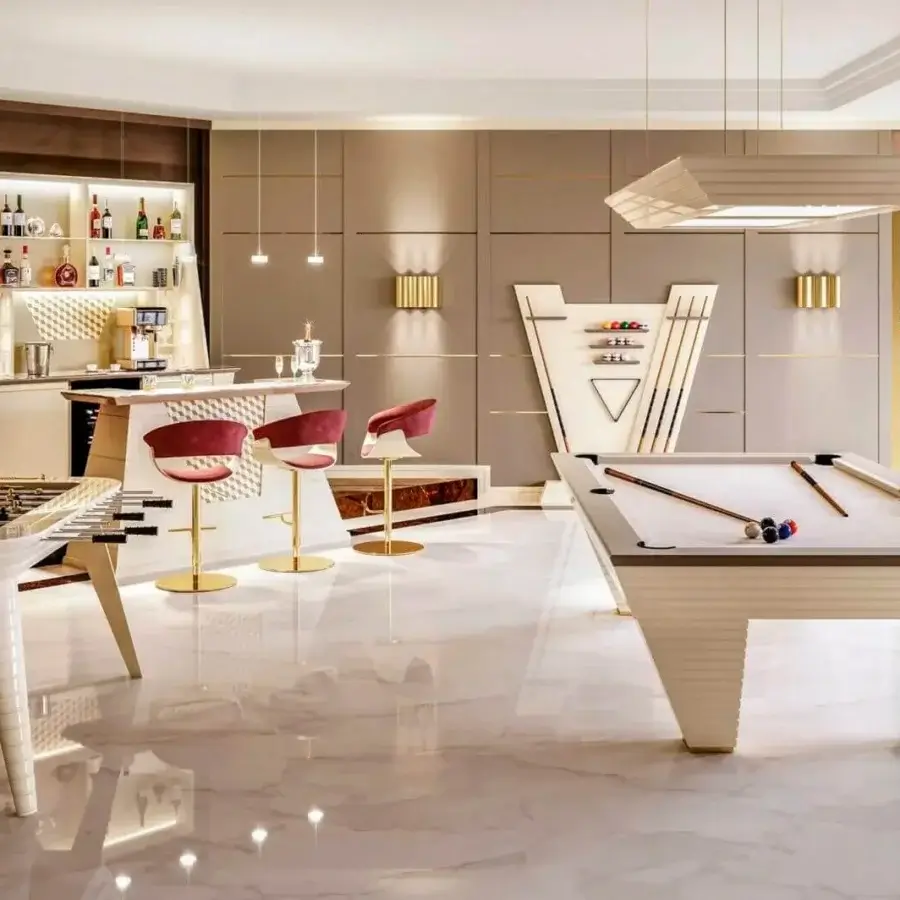 Distinguished Vismara New Desire cue rack storing cues and billiard balls with lacquered triangle and gold accents