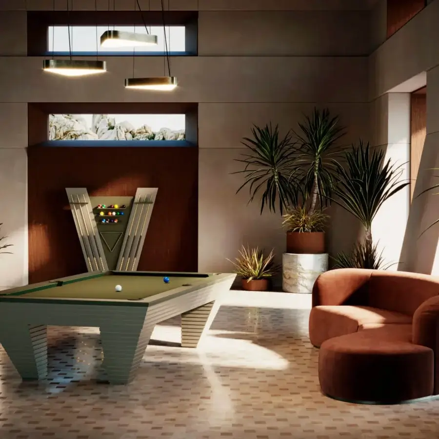 Elegant Vismara New Desire pool cue rack crafted with wood and metal in a light and darker tone with matte finish