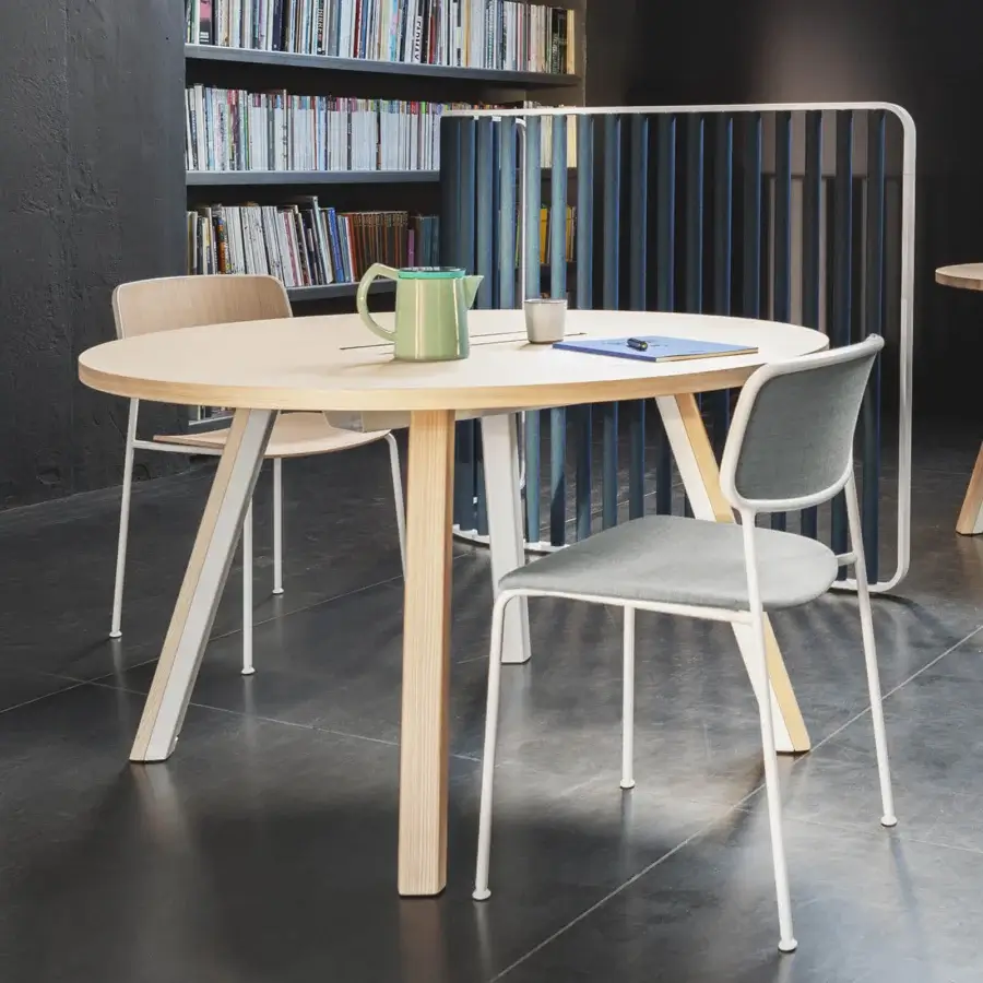 Distinctive Lapalma Ori workstation with a light-toned wood top and bent powder-coated metal with solid ash wood legs