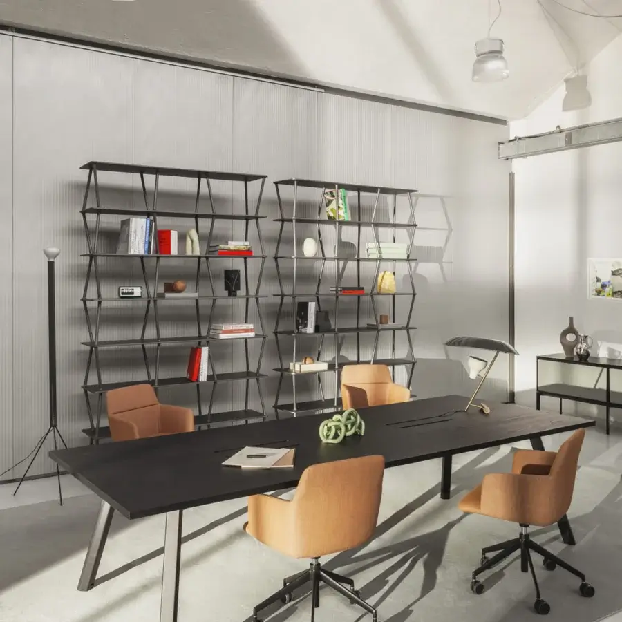 Exceptional Lapalma Ori workstation with a dark wood or HPL Fenix® top and bent powder-coated metal with solid ash wood legs