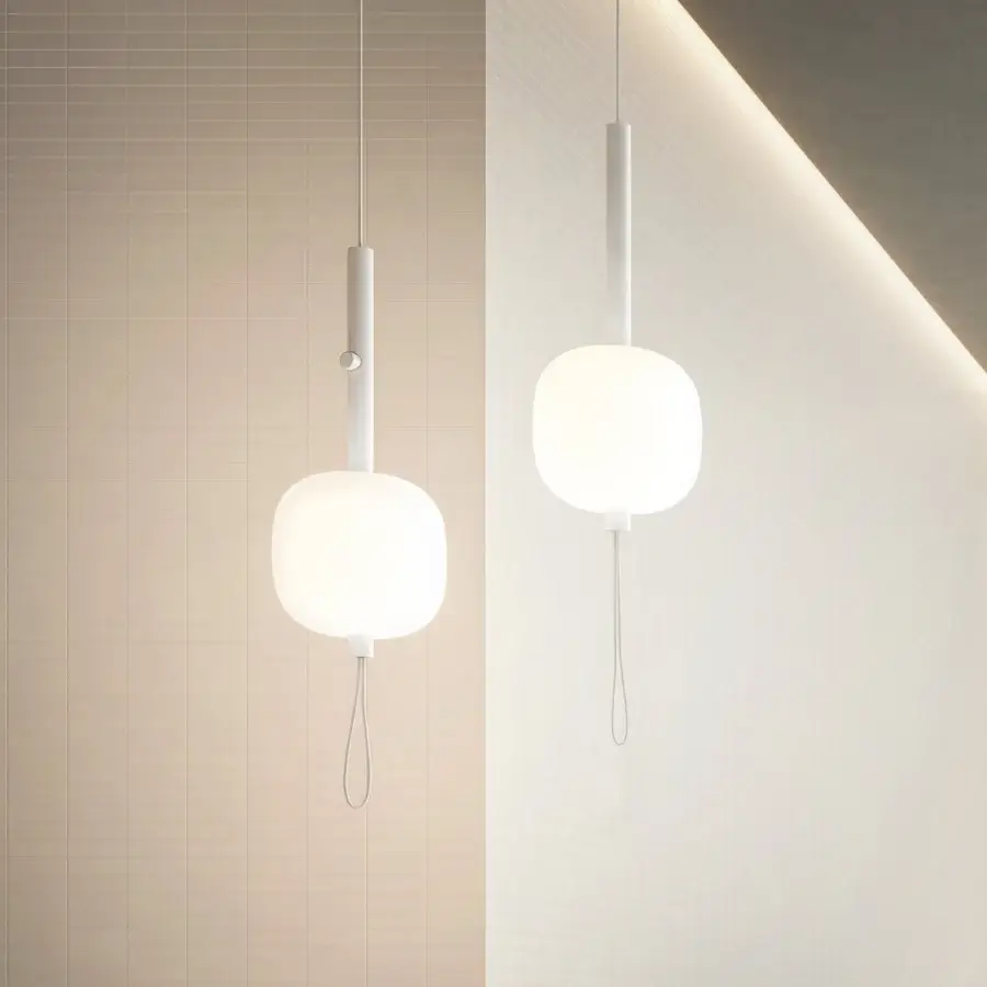 Superior Kundalini Motus suspension lamp with opal glass diffuser and white cylindrical element crafted in Italy