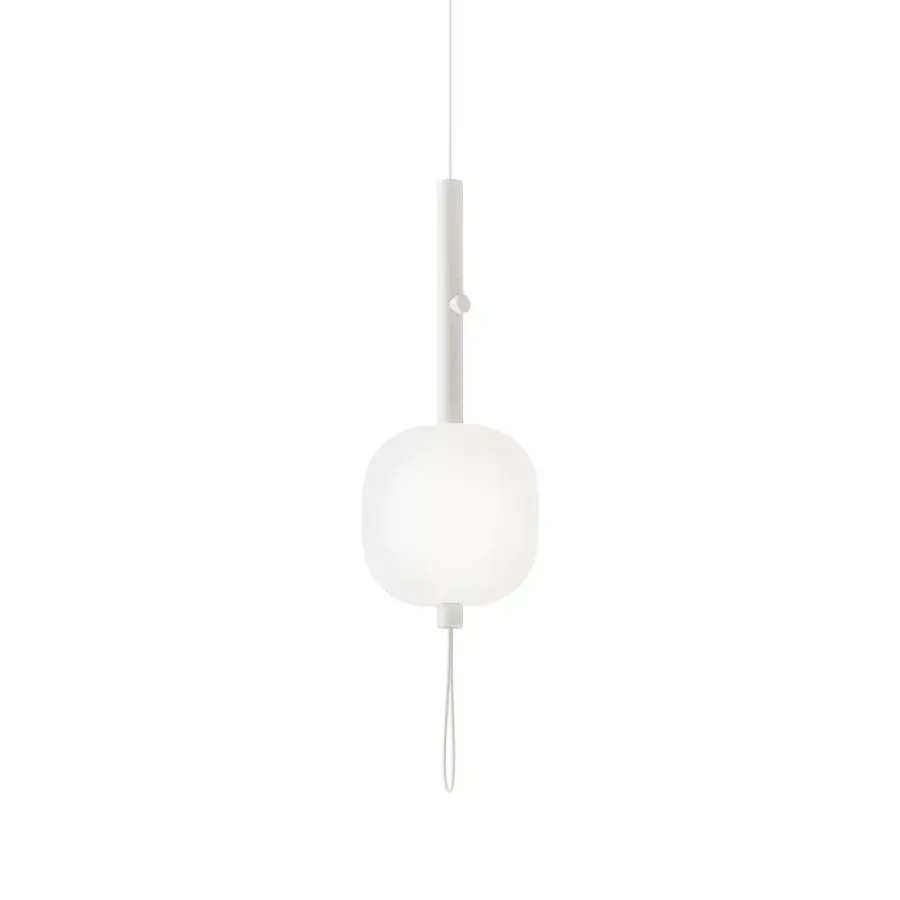 Superior Kundalini Motus suspension lamp with rounded opal glass diffuser and matte white metallic structure