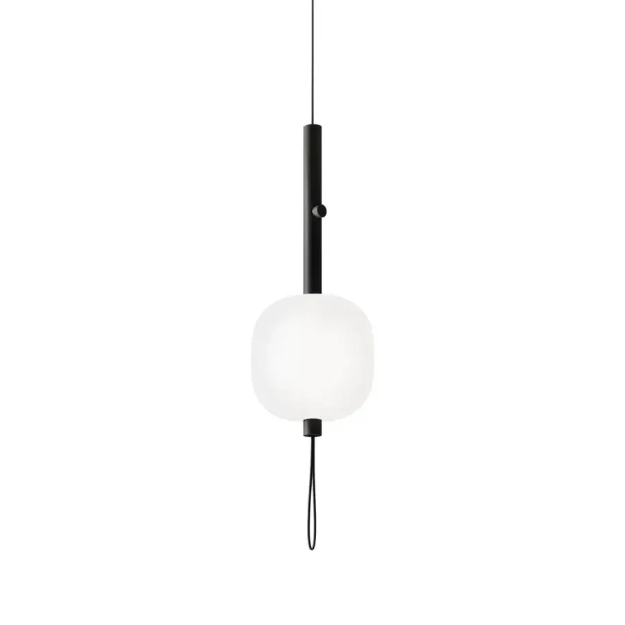 Distinguished Kundalini Motus suspension lamp with opal glass diffuser and metallic structure in matte black finish