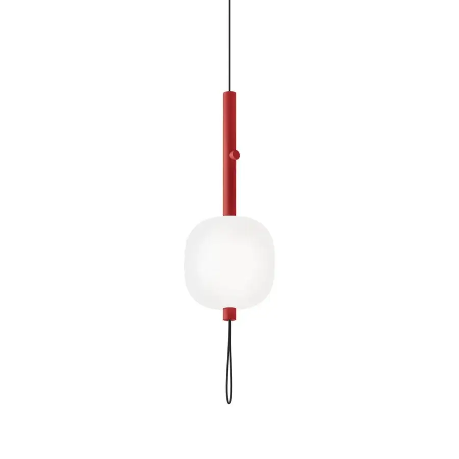 Exclusive Kundalini Motus suspension lamp with white opal glass diffuser and striking red metallic structure suspended from black cable