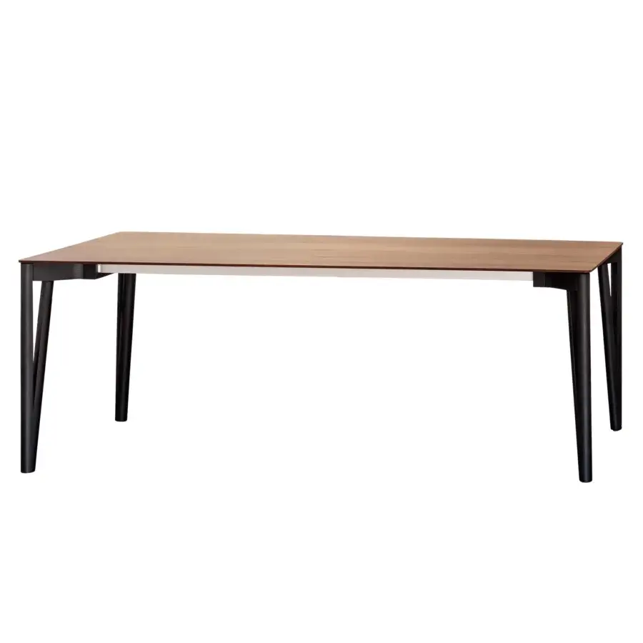 Distinguished Miniforms Decapo table crafted in Italy with medium brown wood and dark matte finish ‘V’ shaped legs