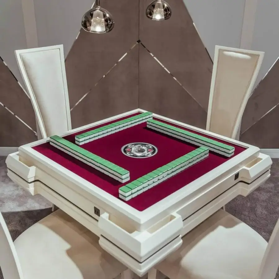 Distinguished Vismara Ming Mahjong table with glossy off-white lacquered structure and deep red velvet playing surface built with steel details