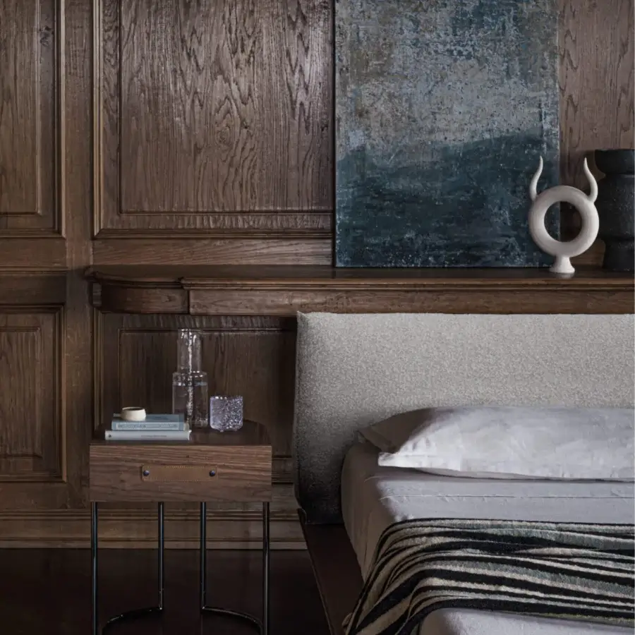 Superior Cierre1972 Dino nightstand crafted in Italy with dark brown wood and slender metal legs in a matte finish