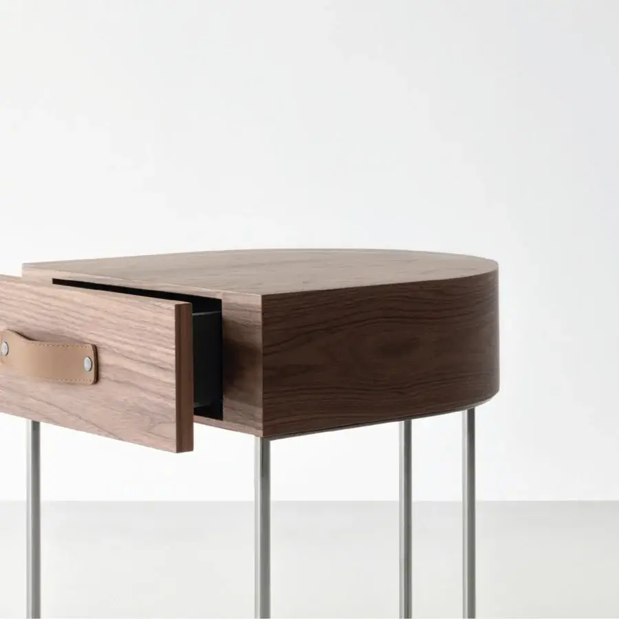 Distinguished Cierre1972 Dino nightstand in light wood with tan leather pull and silver-finished metal legs crafted in Italy with darker wood accents