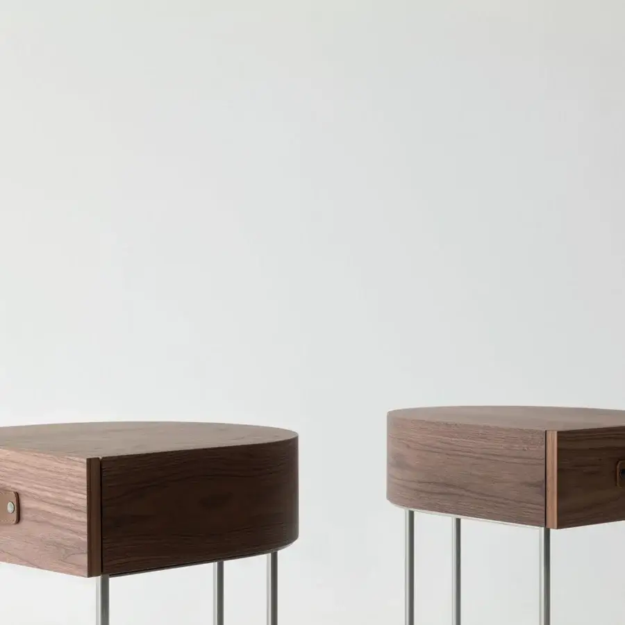 Exceptional Cierre1972 Dino nightstand crafted in Italy with medium brown wood grain and slender metal legs in a matte finish