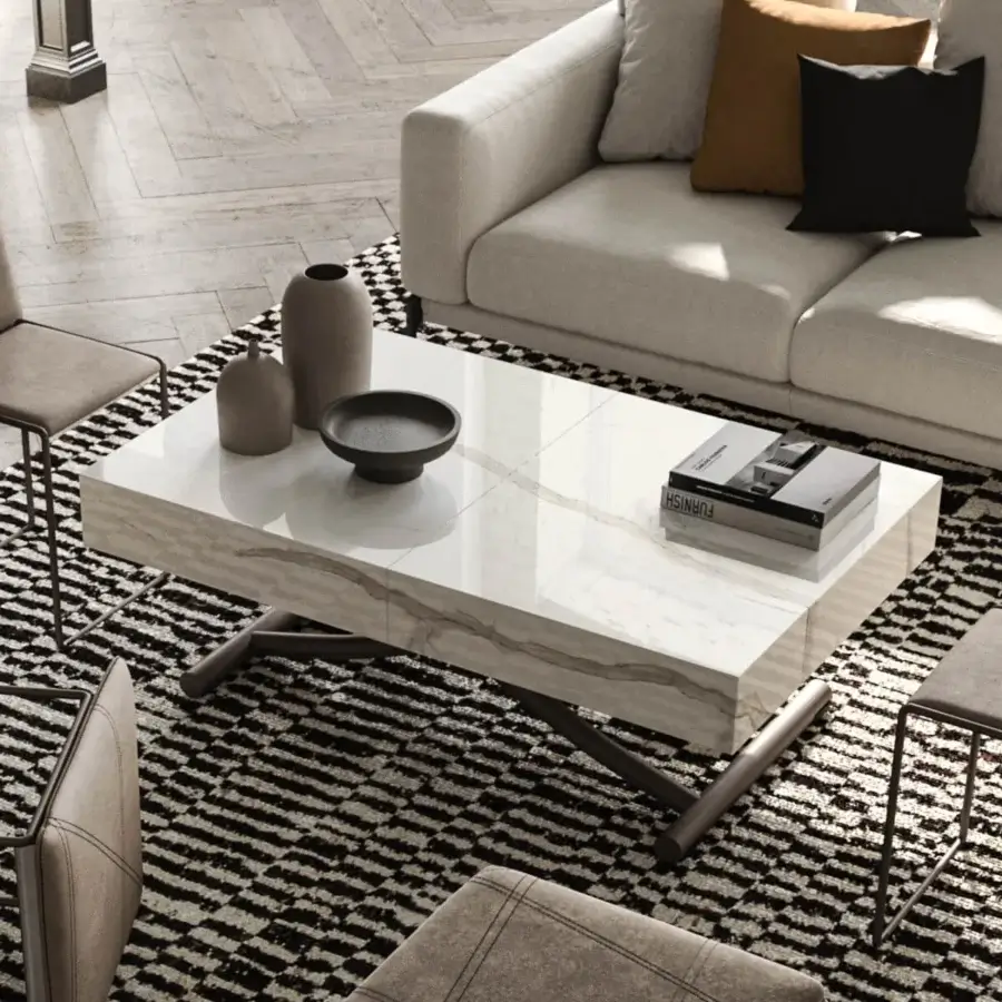 Elegant Ozzio Italia Box transformable coffee to dining table with white and light gray marble glass and metal base