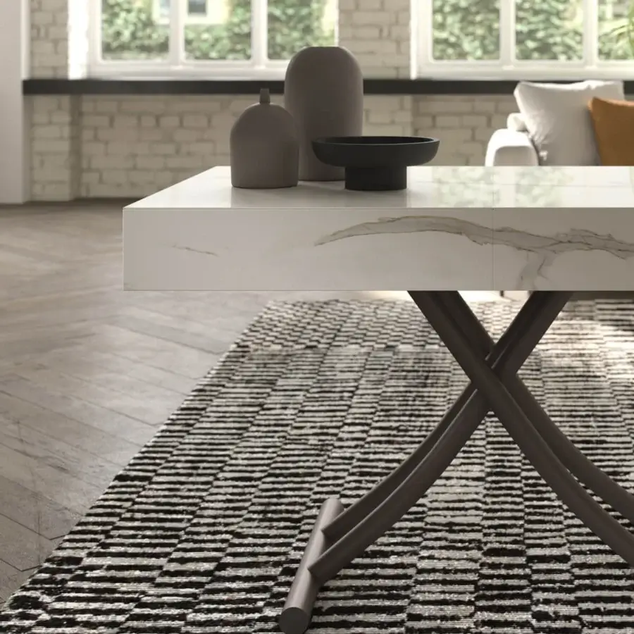 Superior Ozzio Italia Box transformable coffee to dining table with precious marble glass and dark gray metal base