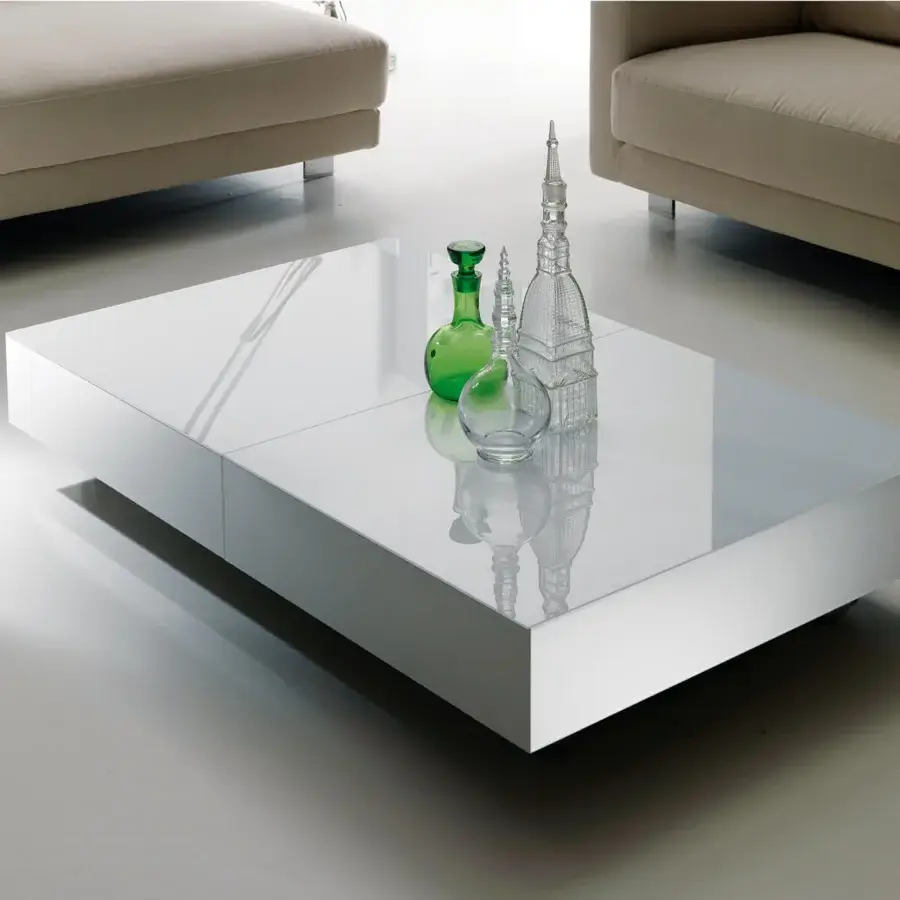 Distinguished Ozzio Italia Box transformable coffee to dining table with glossy white finish and marble glass top